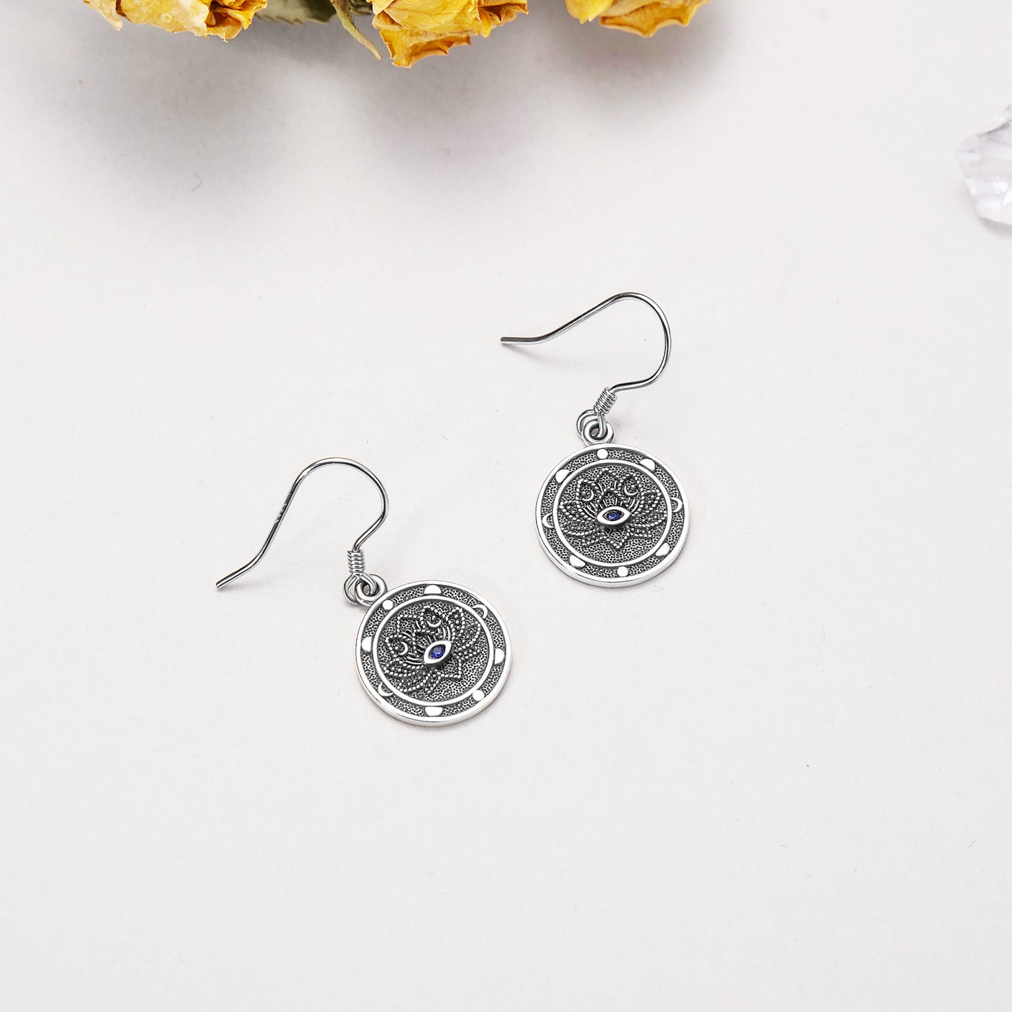 Evil Eye Lotus Dangle Earrings